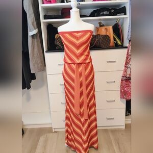 Haute Hippie strapless, tangerine Chevron maxi dress